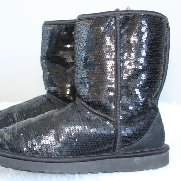 UGG Classic Short Sparkles Black Boots Sequin Sheepskin 3161 Women's 8 H12133 - Picture 3 of 11